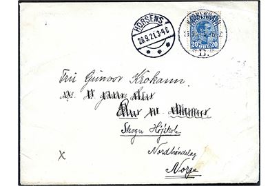 20 øre Chr. X med tydelig automatafskæring på brev fra Kjøbenhavn B. d. 25.9.1921 til Horsens - eftersendt til Skogn Højskole, Nordtøndelag, Norge.
