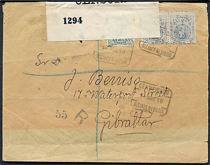 5 cts. og 15 cts. (par) Alfonso XIII på anbefalet brev stemplet Alcance Mediodia d. 1.8.1916 til Gibraltar. Ank.stemplet Registered Gibraltar d. 3.8.1916. Åbnet af britisk censur no. 1294. Udfra den korte befordringstid må det antages at brevet er åbnet af den britiske censur i Gibraltar.