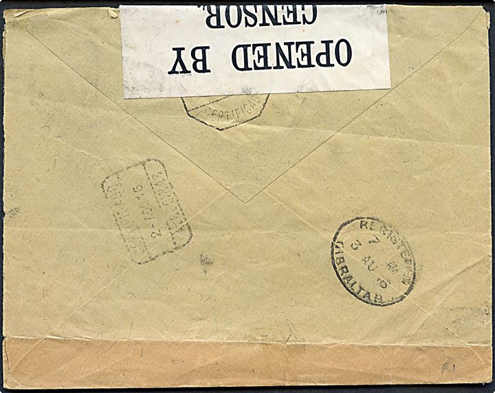 5 cts. og 15 cts. (par) Alfonso XIII på anbefalet brev stemplet Alcance Mediodia d. 1.8.1916 til Gibraltar. Ank.stemplet Registered Gibraltar d. 3.8.1916. Åbnet af britisk censur no. 1294. Udfra den korte befordringstid må det antages at brevet er åbnet af den britiske censur i Gibraltar.