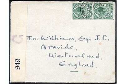 ½d George V i parstykke på brev fra Gibraltar d. 31.1.1918 til Westmoreland, England. Åbnet af lokal censur med censor-nr. 949 og violet stempel G (= Gibraltar).