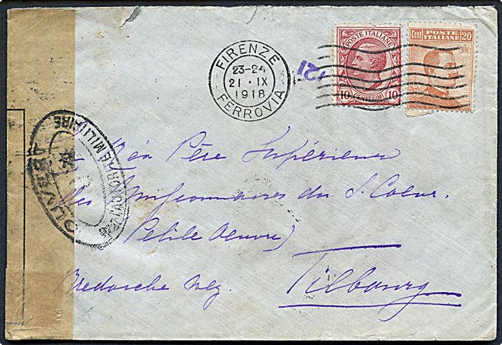 10 c. og 20 c. på brev fra Firenze d. 21.9.1918 til Tilburg, Holland. Åbnet af fransk censur i Dieppe med stempel 0* og lille censorstempel 121. Del af bagklap mgl.
