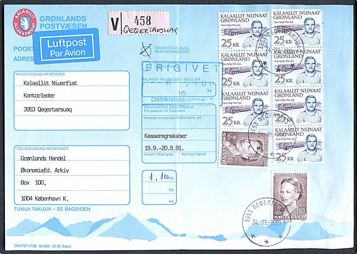 1 kr. Margrethe (2) og 25 kr. Politiker (7) på 177 kr. frankeret adressekort for luftpostpakke fra Qeqertarsuaq d. 24.9.1991 til København. 