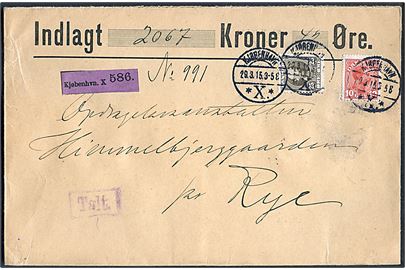 10 øre Chr. X og 25 øre Fr. VIII på værdibrev fra Kjøbenhavn d. 29.3.1915 til Himmelbjerggaarden pr. Ry. Violet rammestempel Talt og på bagsiden bl.a. stort laksegl fra Kjøbenhavns Overpostmesterembede.