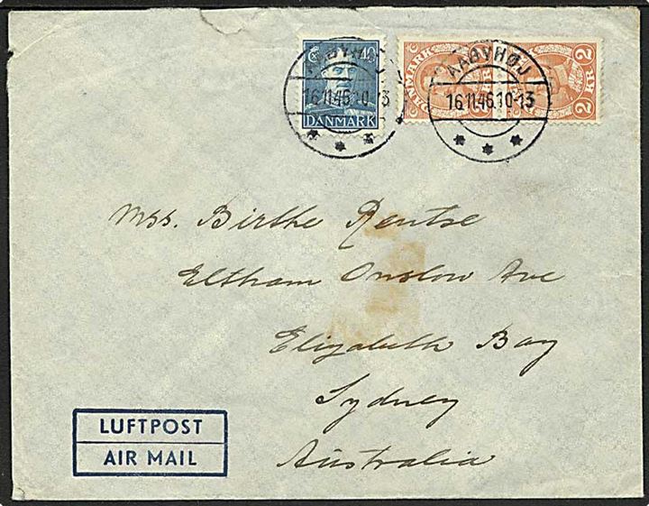 40 øre og 2 kr. (par) Chr. X på luftpostbrev fra Aabyhøj d. 16.11.1946 til Sydney, Australien.