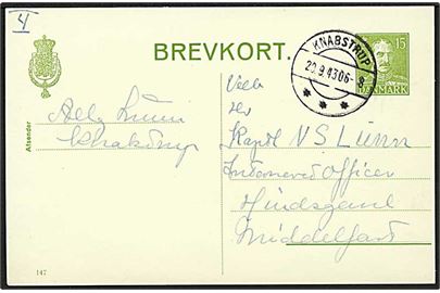 15 øre Chr. X helsagsbrevkort (fabr. 147) fra Knabstrup d. 20.9.1943 til interneret officer på Hindsgavl pr. Middelfart. Sjældent interneringssted.