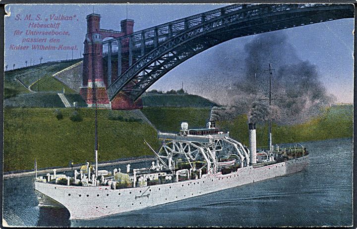SMS Vulcan, ubåds bjergningsskib i Kaiser Wilhelm Kanal. Mindre skader.