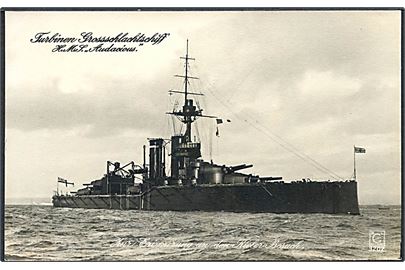 HMS Audacious, britisk slagskib på besøg i Kiel. Sank efter minesprængning i 1914. No. 3202.
