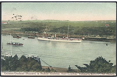 Tyske kanonbåd SMS Buzzard i Buffalo Harbour, East London, Sydafrika. Sendt fra East London d. 4.12.1905 til Helsingør, Danmark.