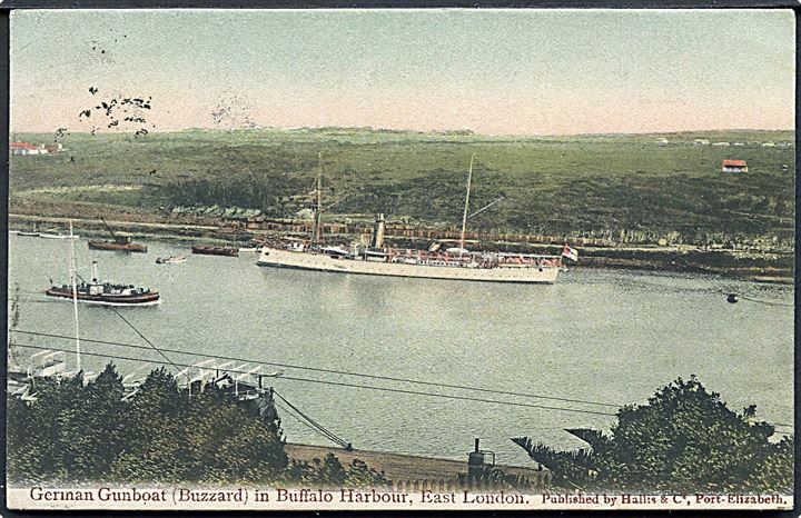 Tyske kanonbåd SMS Buzzard i Buffalo Harbour, East London, Sydafrika. Sendt fra East London d. 4.12.1905 til Helsingør, Danmark.