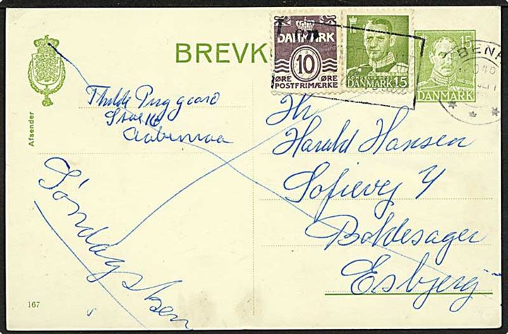 15 øre helsagsbrevkort (fabr. 167) opfrankeret med 10 øre Bølgelinie og 15 øre Fr. IX sendt som søndagsbrevkort fra København d. 3.7.1949 til Esbjerg.