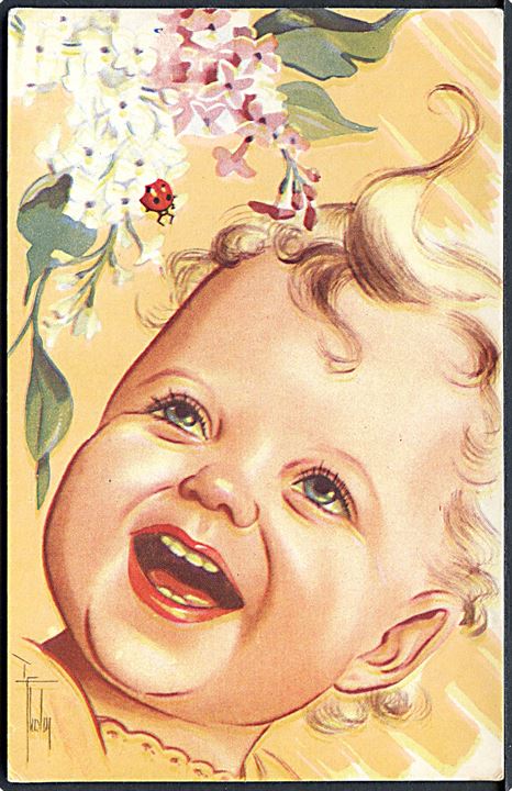 Hjärtlig Gratulation med Baby der kigger på mariehøne i blomst. Sagokonst no. 75 / 9. 