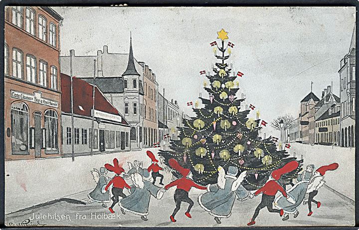 Carl Røgind: Julehilsen fra Holbæk. Nisser i bybilledet. No. 8459. 