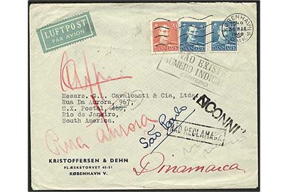 20 øre og 40 øre (2) Chr. X på luftpostbrev fra København d. 30.3.1948 til Rio de Janeiro, Brasilien - eftersendt og returneret som ubekendt.