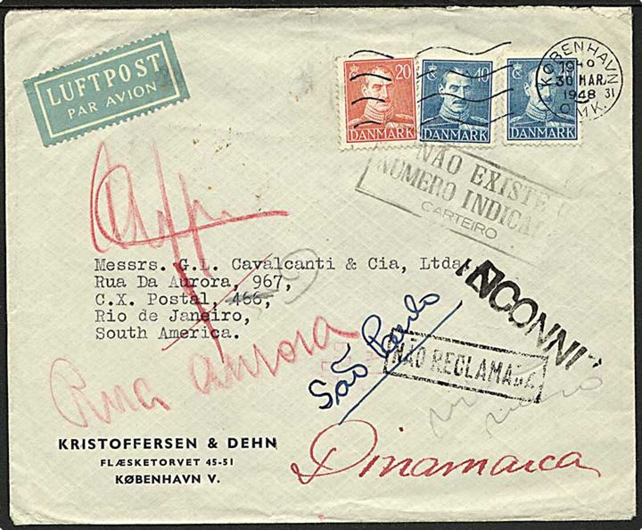 20 øre og 40 øre (2) Chr. X på luftpostbrev fra København d. 30.3.1948 til Rio de Janeiro, Brasilien - eftersendt og returneret som ubekendt.