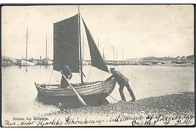 Hilsen fra Gilleleje havn. V. Oscar Søtofte no. 813. Frankeret med 5 øre Våben annulleret lapidar Esrom d. 19.8.1905.