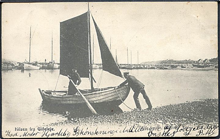 Hilsen fra Gilleleje havn. V. Oscar Søtofte no. 813. Frankeret med 5 øre Våben annulleret lapidar Esrom d. 19.8.1905.