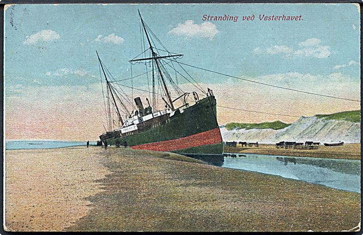 Stranding ved Vesterhavet. C. F. no. 607. Frankeret 7 øre Chr. X annulleret med stjernestempel LANDET og sidestemplet Svendborg d. 16.7.1919 til Odense.