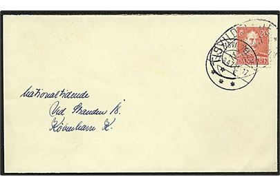 20 øre Chr. X på brev annulleret med ovalt jernbanestempel Tisvildeleje d. 11.8.1947 til København.