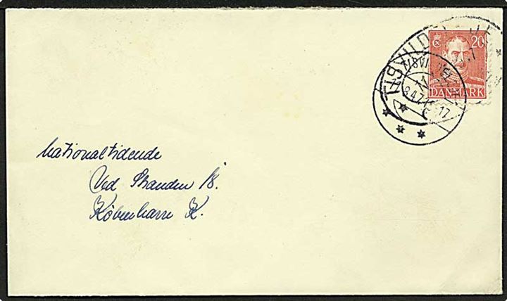 20 øre Chr. X på brev annulleret med ovalt jernbanestempel Tisvildeleje d. 11.8.1947 til København.