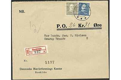 40 øre og 50 øre Chr. X på anbefalet brev med opkrævning fra Roskilde d. 9.3.1946 til Brande. 1 mærke med fold.