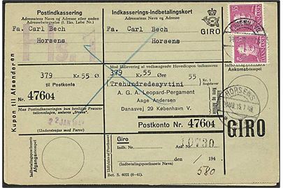 35 øre Chr. X (2) på retur Indkasserings-Indbetalingskort fra København d. 14.1.1948 til Horsens. Retur som ikke indløst.