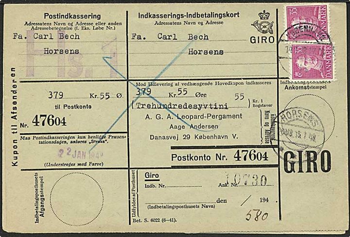35 øre Chr. X (2) på retur Indkasserings-Indbetalingskort fra København d. 14.1.1948 til Horsens. Retur som ikke indløst.