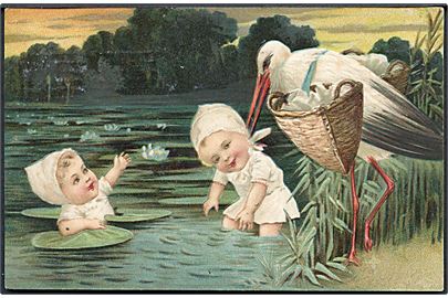 Stork løfter barn op af søen. Prægekort. U/no. 