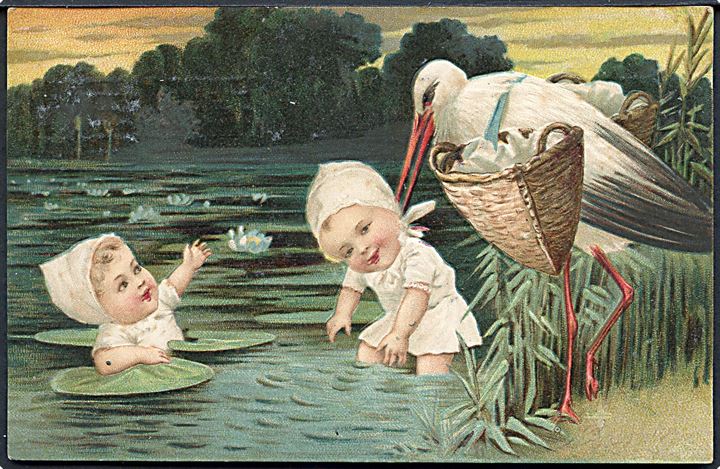 Stork løfter barn op af søen. Prægekort. U/no. 