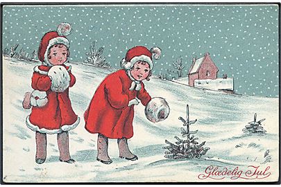 Ukendt Kunstner. Glædelig Jul. Piger kigger på lille juletræ. Alex Vincents, serie 132 / 6. 