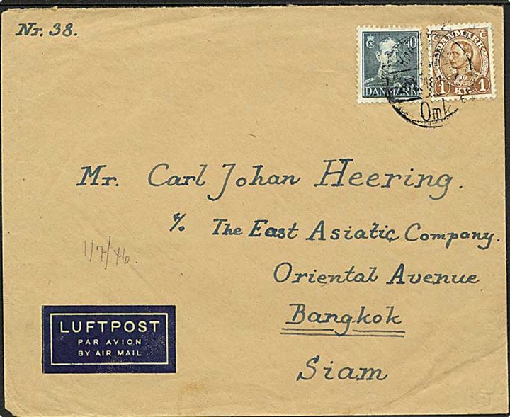 40 øre og 1 kr. Chr. X på luftpostbrev fra København d. 2x.5.1946 til Bangkok, Siam.