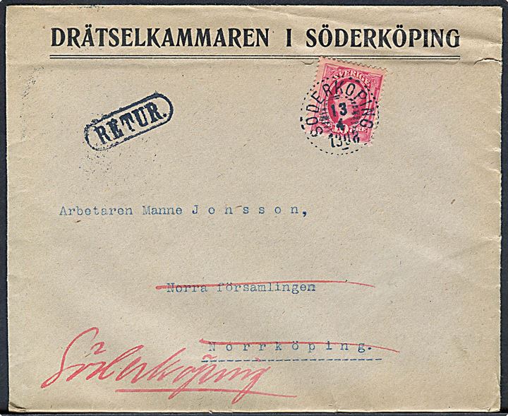 10 öre Oscar på uåbnet brev fra Söderköping d. 13.4.1908 til Norrköping. Retur som ubekendt med flere stempler.