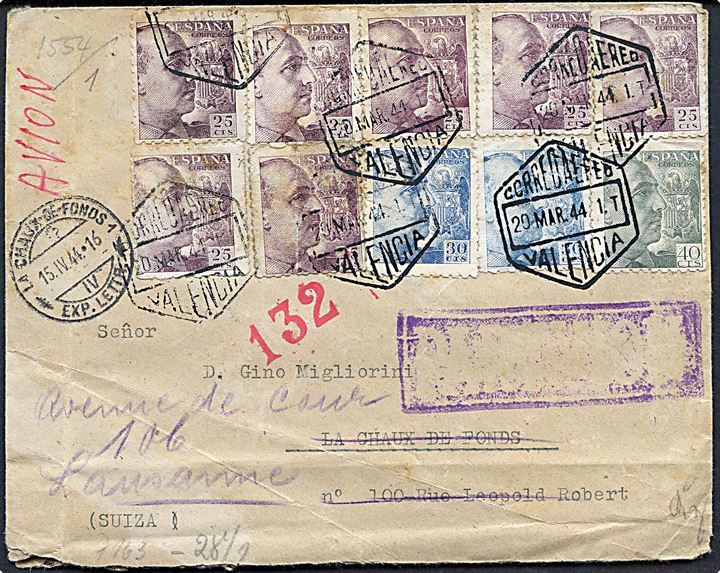 25 cts. (7), 30 cts. (2) og 40 cts. Franco på luftpostbrev fra Valencia d. 20.3.1944 til La Chaux de Fonds, Schweiz - eftersendt til Lausanne. Åbnet af tysk censur i Berlin.