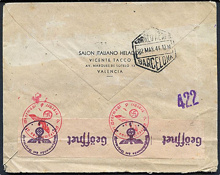 25 cts. (7), 30 cts. (2) og 40 cts. Franco på luftpostbrev fra Valencia d. 20.3.1944 til La Chaux de Fonds, Schweiz - eftersendt til Lausanne. Åbnet af tysk censur i Berlin.