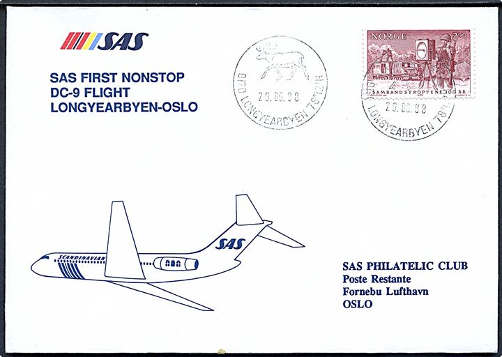 2,90 kr. på illustreret SAS flyvningskuvert stemplet Longyearbyen d. 29.6.1988 til Fornebu Lufthavn, Oslo.