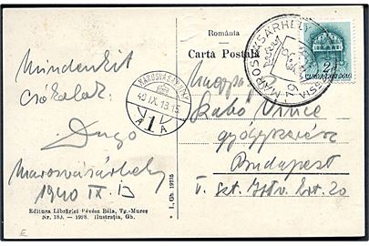 10 f. på brevkort (Târgu-Mures) annulleret med genforeningsstempel Marosvásárhely 1940 Vissatert og sidestemplet Marosvásárhely d. 13.9.1940 til Budapest. Den rumænske by Târgu-Mures i Transylvanien blev indlemmet i Ungarn under navnet Marosvásárhely 1940-1944.