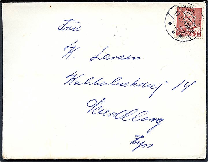 30 øre Fr. IX på brev fra Frederikshavn d. 19.1.1954 til Svendborg. Fra menig ombord på flådens depotskib Ægir.