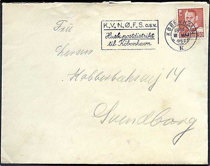 30 øre Fr. IX på brev fra København d. 18.5.1953 til Svendborg. Sendt fra menig ombord på Kongeskibet Dannebrog.