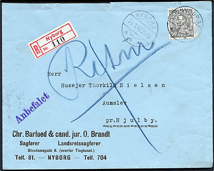 50 øre Chr. X på anbefalet brev fra Nyborg d. 31.1.1942 til Aunslev pr. Hjulby. Retur. Del af bagklap mgl.