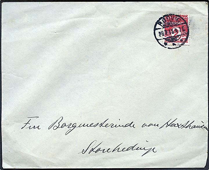 2 øre Bølgelinie single på lokal tryksag fra Rødvig d. 28.7.1915 til Storehedinge.