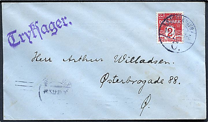 2 øre Bølgelinie single på lokal tryksag i Kjøbenhavn d. 18.2.1914.
