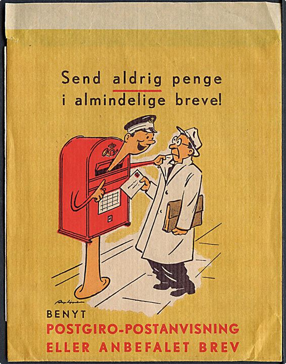 Papirspose med reklamepåtryk Send aldrig penge i almindelige breve!. 