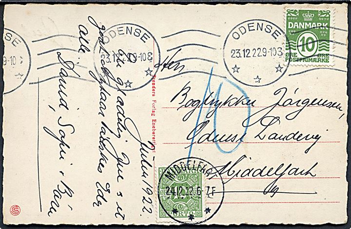 10 øre Bølgelinie på underfrankeret brevkort fra Odense d. 23.12.1922 til Middelfart. Udtakseret i porto med 10 øre Portomærke annulleret med brotype IIIb Middelfart *** d. 24.12.1922.