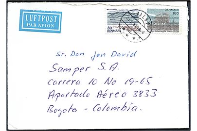80 øre og 160 øre Landsdels udg. på luftpostbrev fra Valby d. 31.8.1981 til Bogota, Colombia. Urent åbnet i toppen.