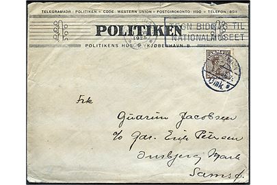 20 øre Chr. X med perfin POL på fortrykt kuvert fra Politiken fra København d. 1.7.1925 til Onsbjerg Mark, Samsø.