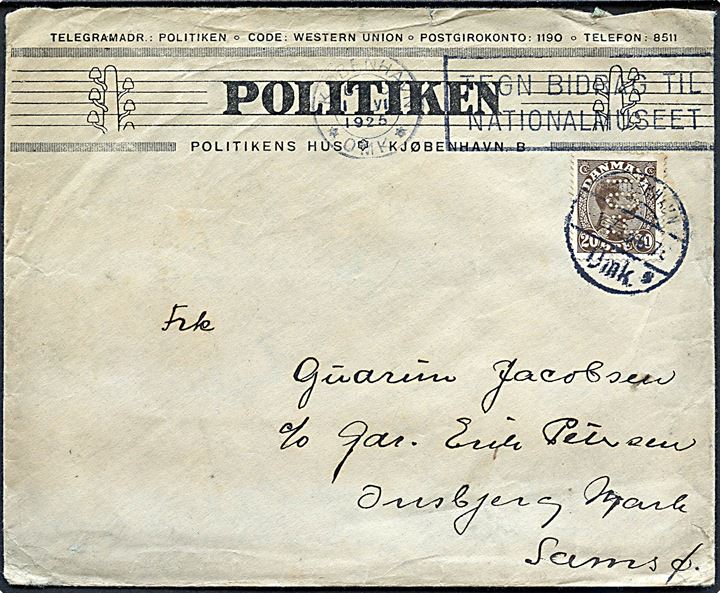 20 øre Chr. X med perfin POL på fortrykt kuvert fra Politiken fra København d. 1.7.1925 til Onsbjerg Mark, Samsø.
