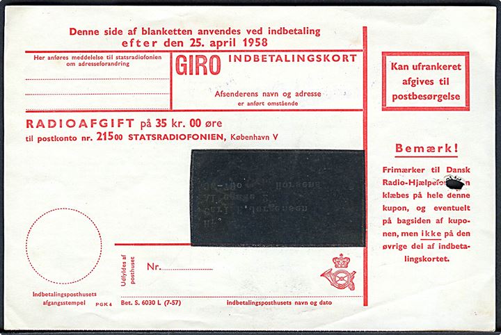 Postomdelt Tryksag no. 45 på indbetalingskort for Familielicens fra Statsradiofonien i København 1958 til Horsens.