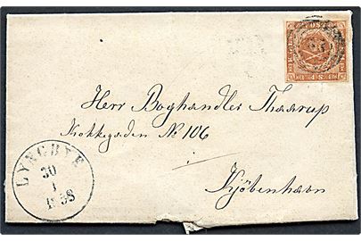 4 sk. 1854 udg. på brev dateret Jægersborg annulleret med svagt nr.stempel 39 og sidestemplet Lyngbye d. 30.1.1858 til Kjøbenhavn.