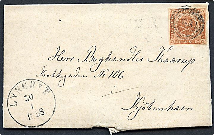 4 sk. 1854 udg. på brev dateret Jægersborg annulleret med svagt nr.stempel 39 og sidestemplet Lyngbye d. 30.1.1858 til Kjøbenhavn.