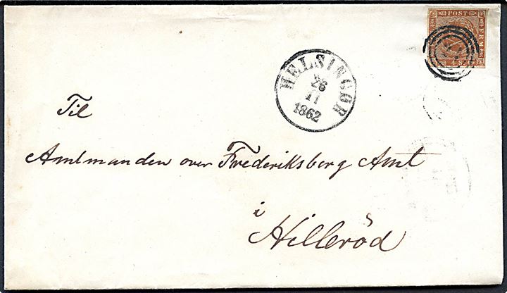 4 sk. 1858 på brev annulleret med nr.stempel 24 og sidestemplet antiqua Helsingør d. 26.11.1862 via Lyngbye til Hillerød.