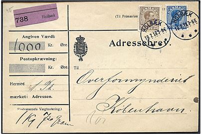 20 øre og 25 øre Chr. X på adressebrev for værdipakke fra Holbæk d. 19.7.1918 til København.
